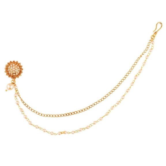 Efulgenz Indian Jewelry Kundan Crystal Nose Ring Hoop Pin Stud Fake Septum Ring with Chain Nose to Ear Chain Non Piercing Body Jewelry, White