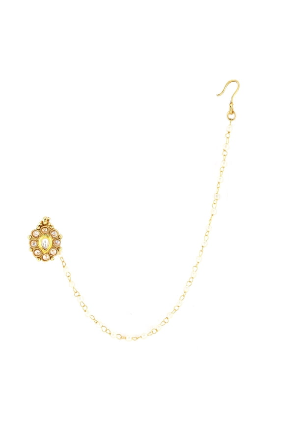 Indian Jewelry Kundan Crystal Nose Ring Hoop Pin Stud Fake Septum Ring with Chain Nose to Ear Chain Non Piercing Body Jewelry