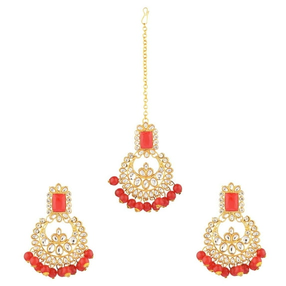 Efulgenz Indian Jewelry Maang Tikka Earrings Set Crystal Kundan Stone Head Chain Chandbali Dangle Earrings Jewelry Set for Women, Red