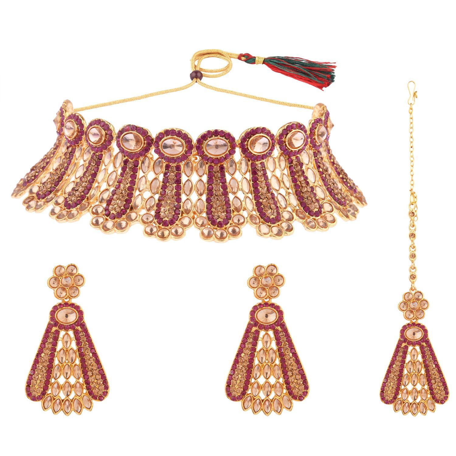 Efulgenz Indian Bridal Jewelry Set – Kundan Crystal Choker Necklace, Earrings & Maang Tikka