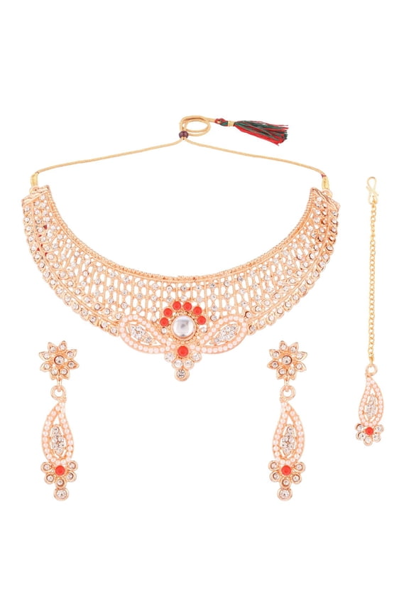 Indian Jewelry Set Traditional Antique Simulated Color Stone Tear Drop Shape Faux Pearl Drop Bridal Choker Necklace Earrings Wedding Jewelry Set for Women