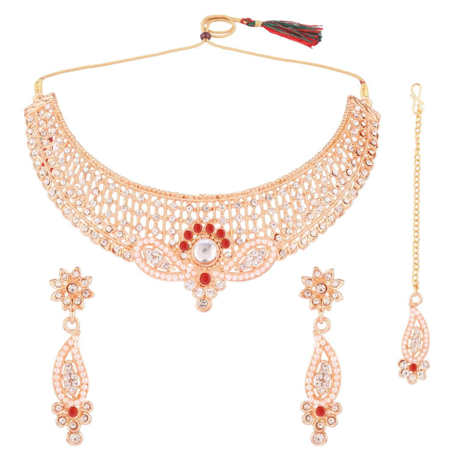 Efulgenz Indian Oxidized Jewelry Set - Floral Faux Pearl Choker & Dangle Earrings