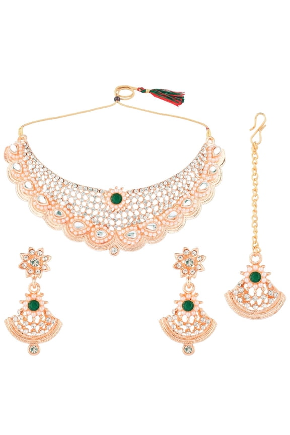 Indian Jewelry Set Traditional Antique Simulated Color Stone Tear Drop Shape Faux Pearl Drop Bridal Choker Necklace Earrings Wedding Jewelry Set for Women