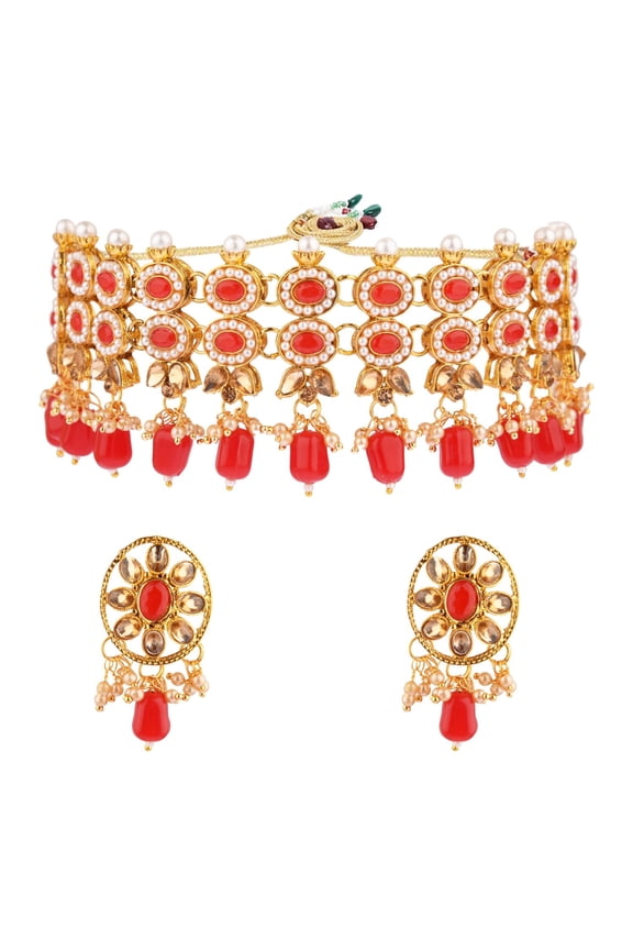 Indian Jewelry Set for Women Crystal Faux Pearl Jewelry Set Collar Necklace and Earrings for Wedding Maroon Bridal Choker Necklace Earrings Set Bollywood Traditional Jewelry for Women