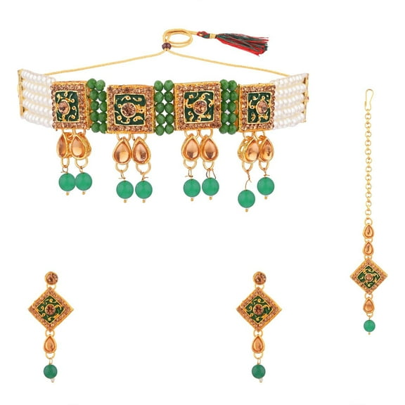 Efulgenz Indian Jewelry Set for Women Faux Pearl Beaded Crystal Multi Layered Green Antique Choker Necklace Earrings with Maangtikka Bollywood Style Jewelry