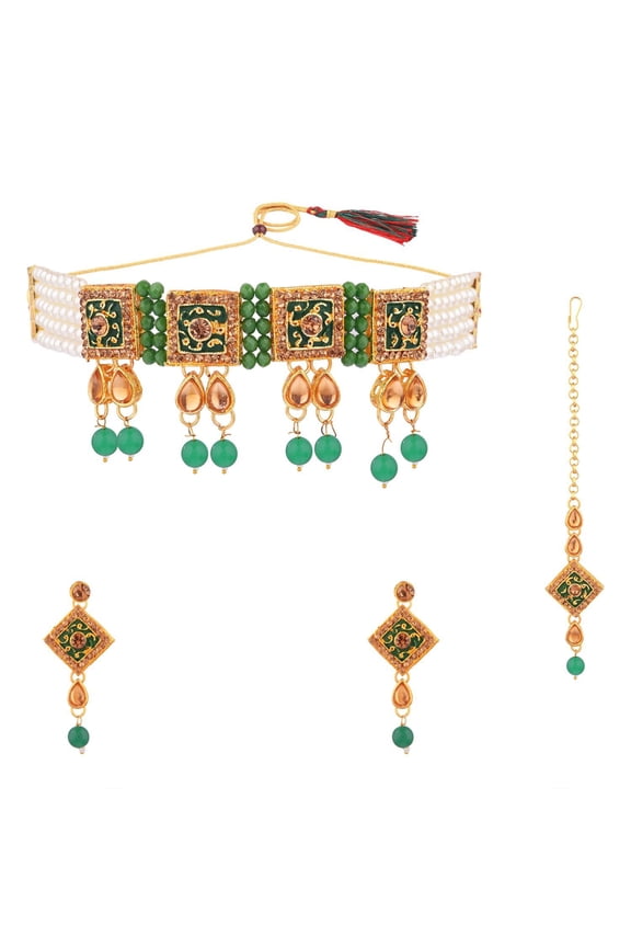 Indian Jewelry Set for Women Faux Pearl Beaded Crystal Multi Layered Green Antique Choker Necklace Earrings with Maangtikka Bollywood Style Jewelry