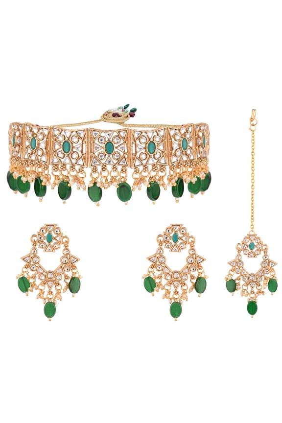 Indian Jewelry Sets for Women Green Antique Gold Tone Choker Necklace Set Indian Bridal Sets Faux Kundan Crystal Stone Necklace Chanderlier Earrings with Head Chain Fashion Bollywood Jewelry