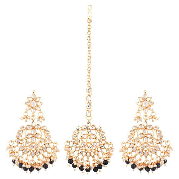 Efulgenz Indian Maang Tikka Earrings Set Bollywood Crystal Kundan Faux Pearl Head Chain Big Dangle Earrings Jewelry Set, Black