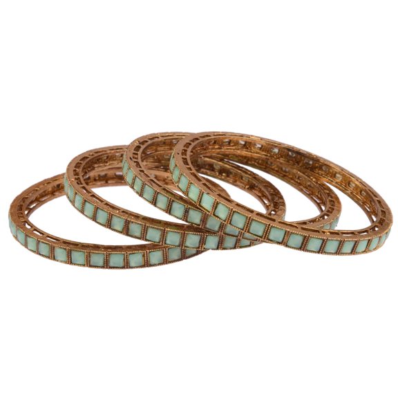 Efulgenz Indian Oxidized Gold Tone Bangle Set Turquoise Green Antique Boho Kundan Bangle Crystal Bracelet Bridal Wedding Party Statement Jewelry for Women (4 Pcs) Size 2.6