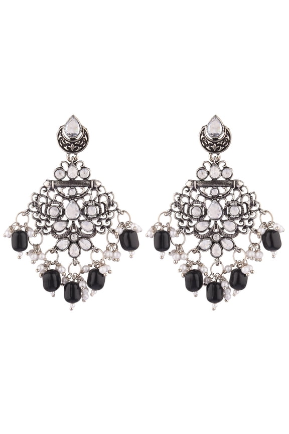 Indian Oxidized Jewellery Antique Jhumka Jhumki Floral Earrings with Ear Support Chain Hair Accessories for Women