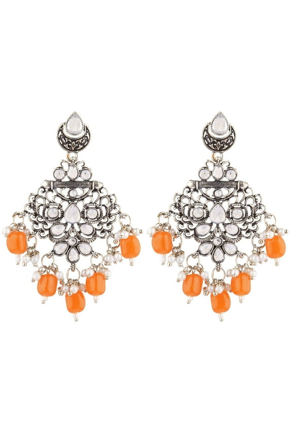 Indian Oxidized Jewelry Antique Jhumka Jhumki Floral Earrings with Ear Support Chain Hair Accessories for Women