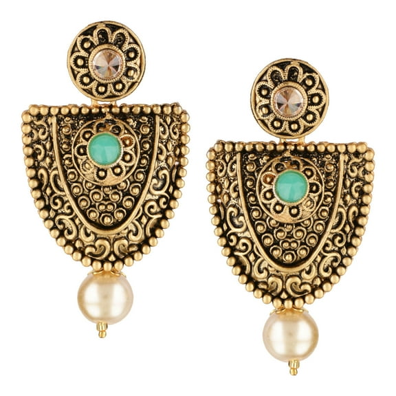 Efulgenz Indian Oxidized Jewelry Boho Vintage Tribal Antique Crystal Dangle Faux Pearl Drop Statement Earrings for Women (Mint Color (Gold))