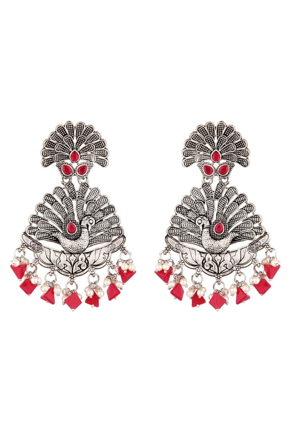 Indian Oxidized Jewelry Boho Vintage Tribal Crystal Floral Peacock Dangle Statement Earrings for Women, Red