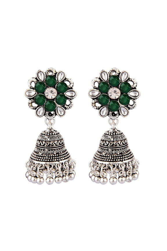 Indian Oxidized Jewelry Boho Vintage Tribal Dangle Statement Jhumka Earrings for Women - Green