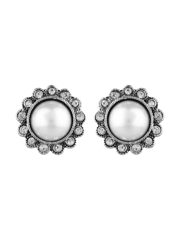Indian Oxidized Jewelry Boho Vintage Tribal Silver Tone Faux Pearl Rhinestone Stud Statement Earrings Set