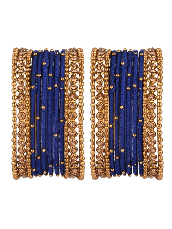 Indian Silk Thread Bangle Set with Oxidized Bangles Crystal Metal Ball Bangles Indian Bangles for Women for Wedding Party Bracelet Bangle Bollywood Fashion Statement Jewelry (24 Pcs)