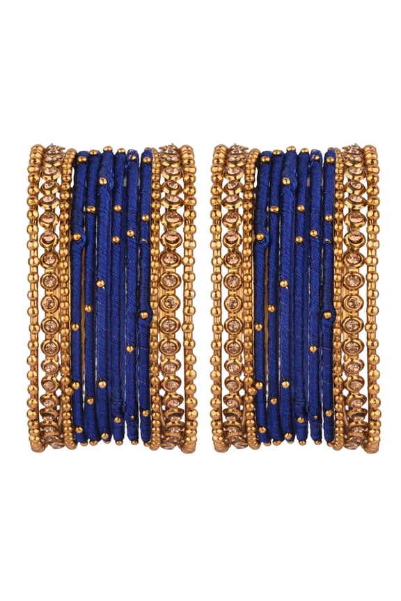 Indian Silk Thread Bangle Set with Oxidized Bangles Crystal Metal Ball Bangles Indian Bangles for Women for Wedding Party Bracelet Bangle Bollywood Fashion Statement Jewelry (24 Pcs)