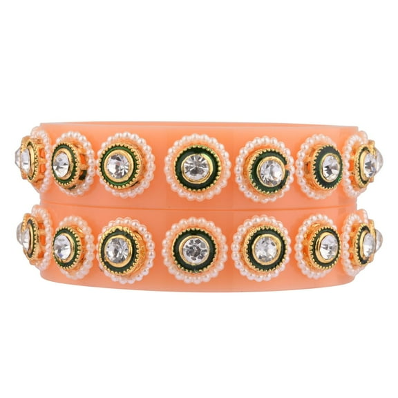 Efulgenz Indian Wedding Bridal Bangle Set Crystal Acrylic Handmade Faux Pearl Round Floral Kundan Bracelet Bangle Jewelry Set for Women (2 Pcs) Size 2.4
