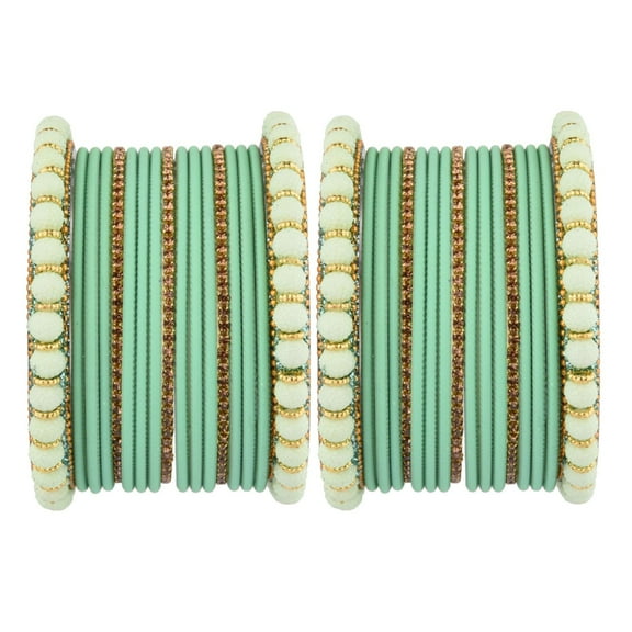 Efulgenz Indian Wedding Bridal Bangle Set for Women Traditional Beaded Bangles Rhinestone Faux Pearl CZ Crystal Bracelet Plain Matte Finish Metal Bangle Bracelet Bollywood Jewelry (34 Pcs) Size 2.6