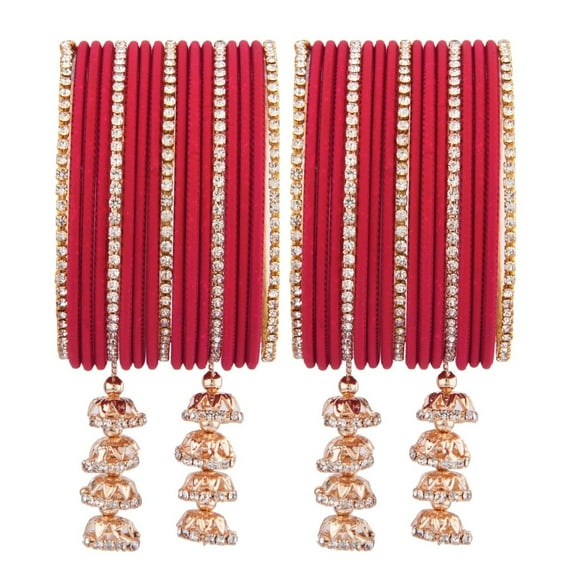 Efulgenz Indian Wedding Bridal Bangles Set Crystal CZ Rhinestone Plain Matte Finish Metal Bangles with Hanging Tassel Bracelet Jewelry For Women (34 Pcs) Size 2.6