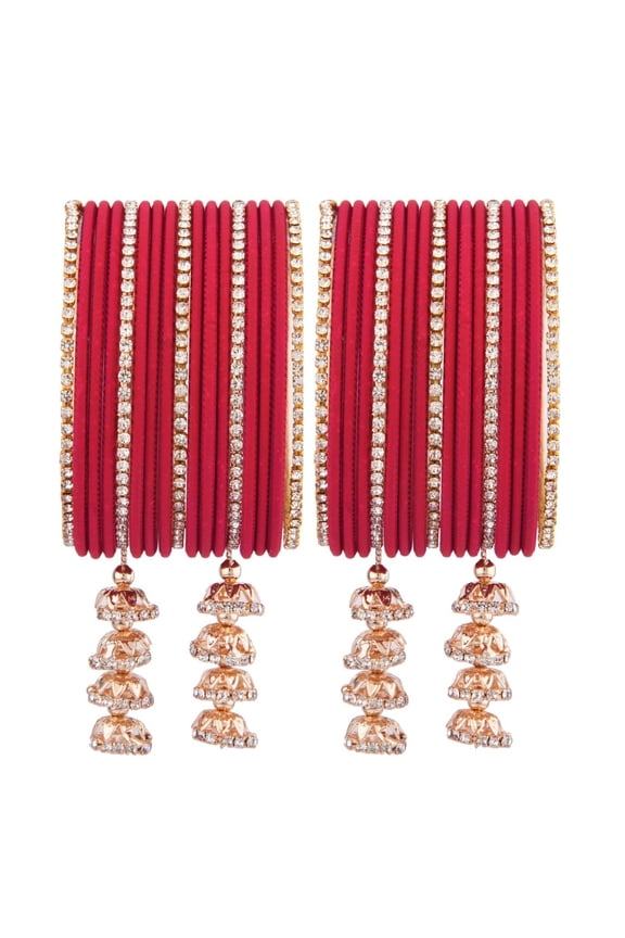 Indian Wedding Bridal Bangles Set Crystal CZ Rhinestone Plain Matte Finish Metal Bangles with Hanging Tassel Bracelet Jewelry For Women (34 Pcs) Size 2.6