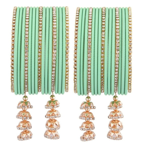 Efulgenz Indian Wedding Bridal Bangles Set Crystal CZ Rhinestone Plain Matte Finish Metal Bangles with Hanging Tassel Bracelet Jewelry For Women (34 Pcs) Size 2.6