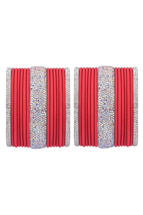 Indian Wedding Bridal Bangles Set Traditional Crystal CZ Rhinestone Plain Matte Finish Metal Bangles Bracelet Jewelry For Women (34 Pcs) Size 2.6