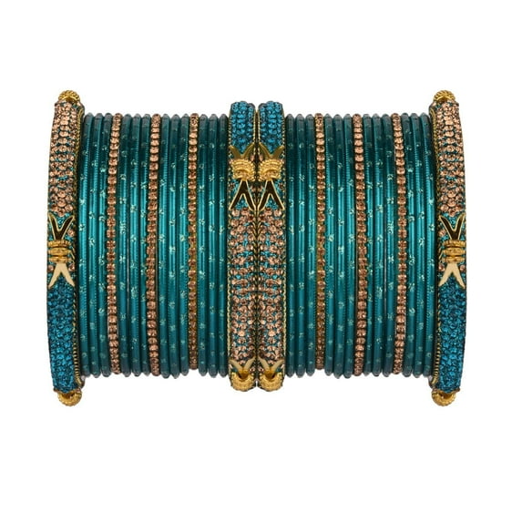 Efulgenz Indian Wedding Bridal Bangles for Women Metal Green Bangle Set Rhinestone CZ Crystal Bracelet Bangle Boho Jewelry for Women Size-2.4
