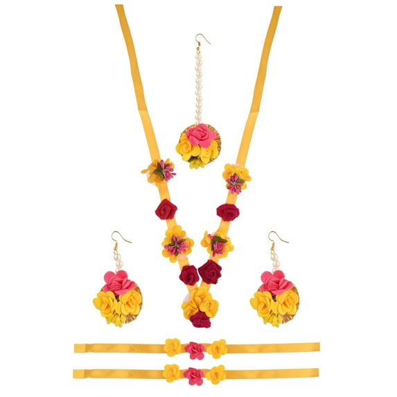 Efulgenz Indian Wedding Haldi Mehandi Handmade Flower Jewelry Set Necklace Earrings Gotta Patti Maang Tikka Bracelet Set Bridal Indian Jewelry for Haldi Mehandi Wedding for Women