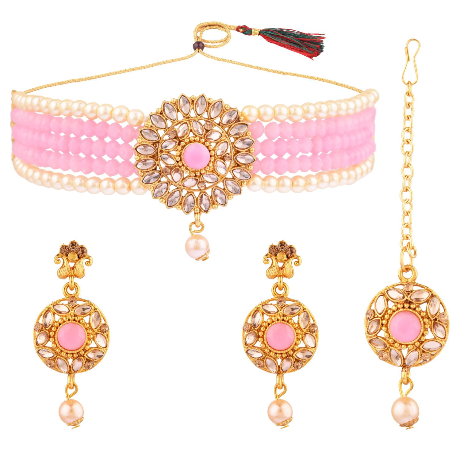 Efulgenz Indian Wedding Jewelry Beaded Faux Pearl Choker Necklace Set Crystal Multilayered Necklace Maangtikka and Dangle Earrings Bridal Jewelry Set