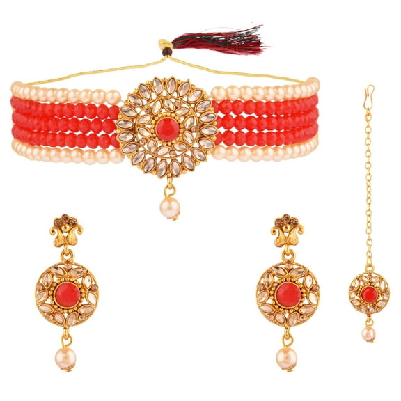 Efulgenz Indian Wedding Jewelry Beaded Faux Pearl Choker Necklace Set Crystal Multilayered Necklace Maangtikka and Dangle Earrings Bridal Jewelry Set for Women