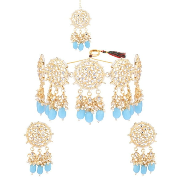 Efulgenz Indian Wedding Jewelry Traditional Kundan Faux Pearl Beads Blue Crystal Choker Necklace Round Earrings with Maang Tikka Bridal Set Bollywood Jewelry for Women