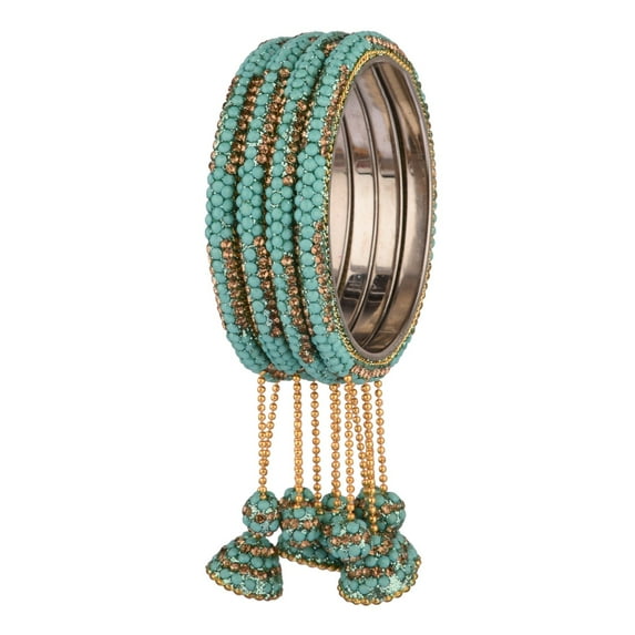 Efulgenz Light Blue Rhinestone Crystal Beaded Bracelet Bangle Set with Hanging Jhumki Tassel Charms Bollywood Style indian Bangles Jewelry for Women (4 Pcs) Size 2.4