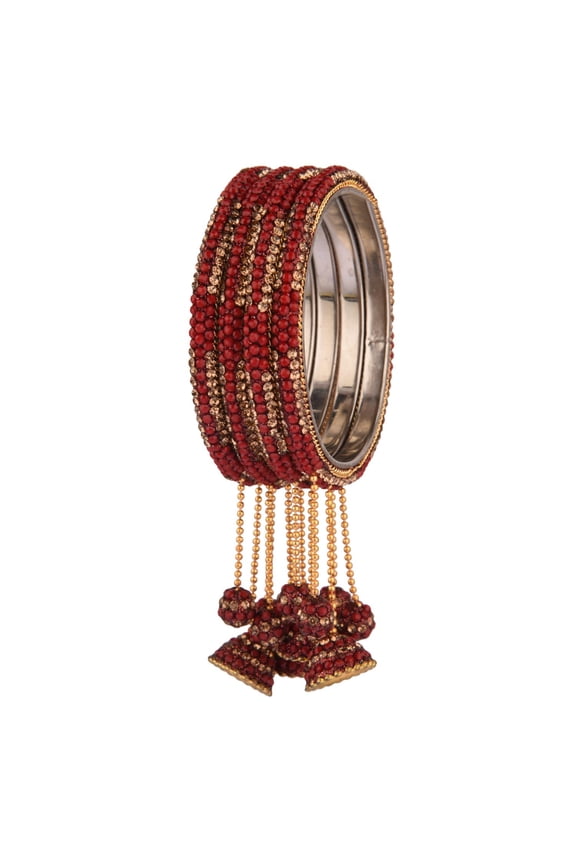 Maroon Rhinestone Crystal Beaded Bracelet Bangle Set with Hanging Jhumki Tassel Charms Bollywood Style indian Bangles Jewelry for Women (4 Pcs) Size 2.6