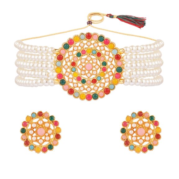 Efulgenz Multicolor Faux Pearl Choker Bridal Wedding Jewelry Set Crystal Rhinestone Multilayered Beaded Necklace Round Stud Earrings Indian Jewelry for Women
