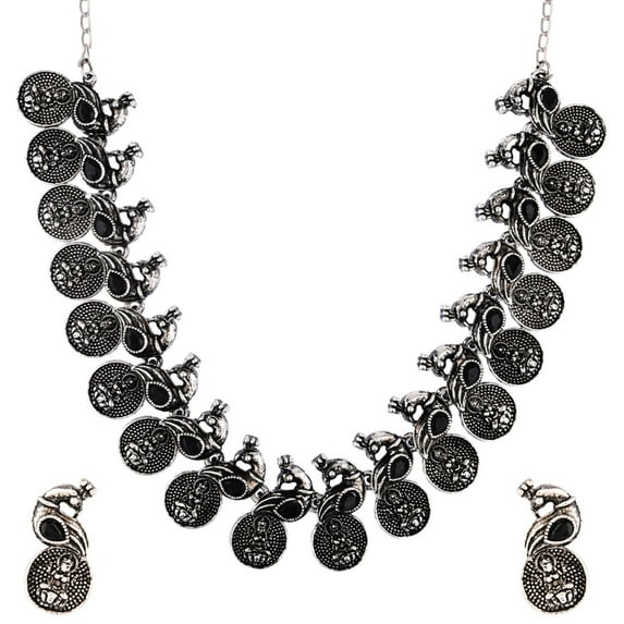 Efulgenz Oxidized Indian Jewelry Boho Vintage Antique Crystal Peacock Choker Necklace Earrings Set for Women
