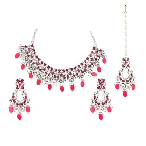 Efulgenz Pink Bohemian Indian Oxidized Vintage Bridal Sets Faux Pearl Kundan Choker Necklace Earrings & Head Chain Fashion Statement Jewelry set for Women