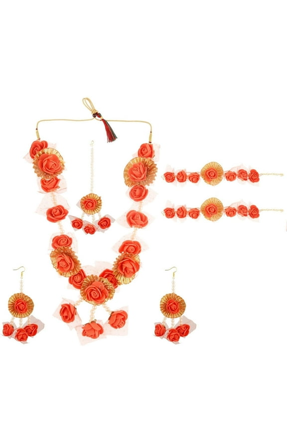 Red Flower Haldi Jewelry Set Handmade Jewelry Gota Patti Long Necklace with Earrings Maangtikka Bracelet Set Indian Jewelry for Weddding Mehandi for Women