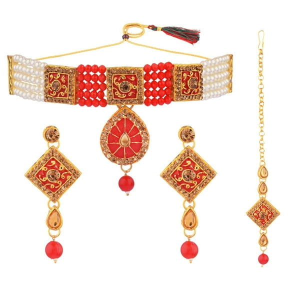 Efulgenz Traditional Beaded Jewelry Faux Pearl Choker Crystal Red Multi Layered Ethnic Antique Choker Necklace Earrings with Maangtikka Indian Jewelry Set for Women