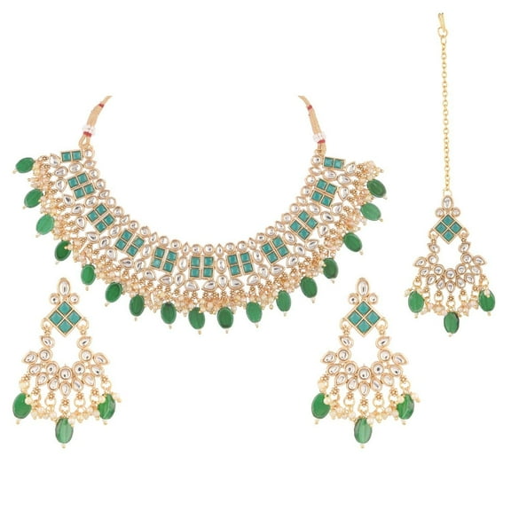Efulgenz Wedding Bridal Sets Green Traditional Ethnic Faux Necklace Crystal Stone Chaandbali Chanderlier Earrings with Head Chain Antique Gold Tone Indian Jewelry Sets for Women Fashion Jewelry