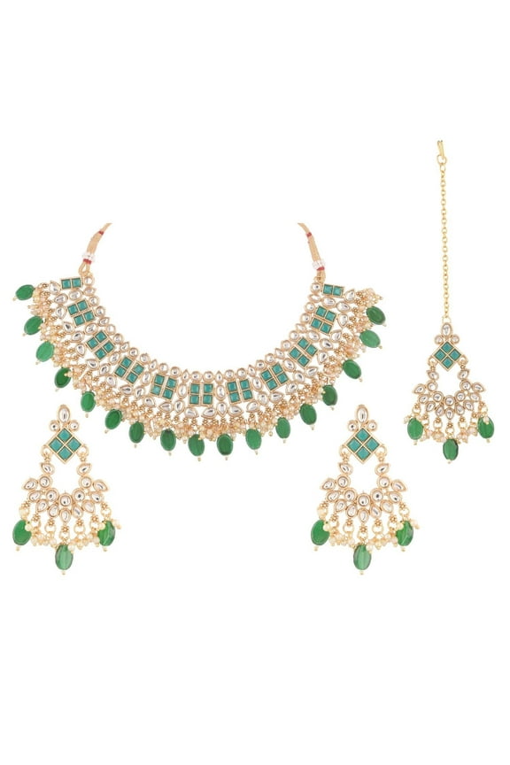 Wedding Bridal Sets Green Traditional Ethnic Faux Necklace Crystal Stone Chaandbali Chanderlier Earrings with Head Chain Antique Gold Tone Indian Jewelry Sets for Women Fashion Jewelry
