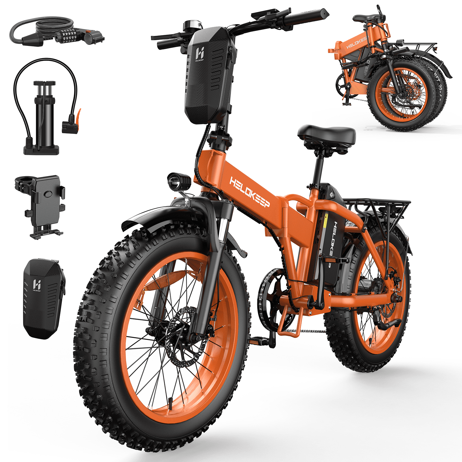 Efunkeep 750W 1500W Folding Electric Mountain Bike 48V 25Ah UL 2849 20x4 Fat Tire 7-Speed Orange