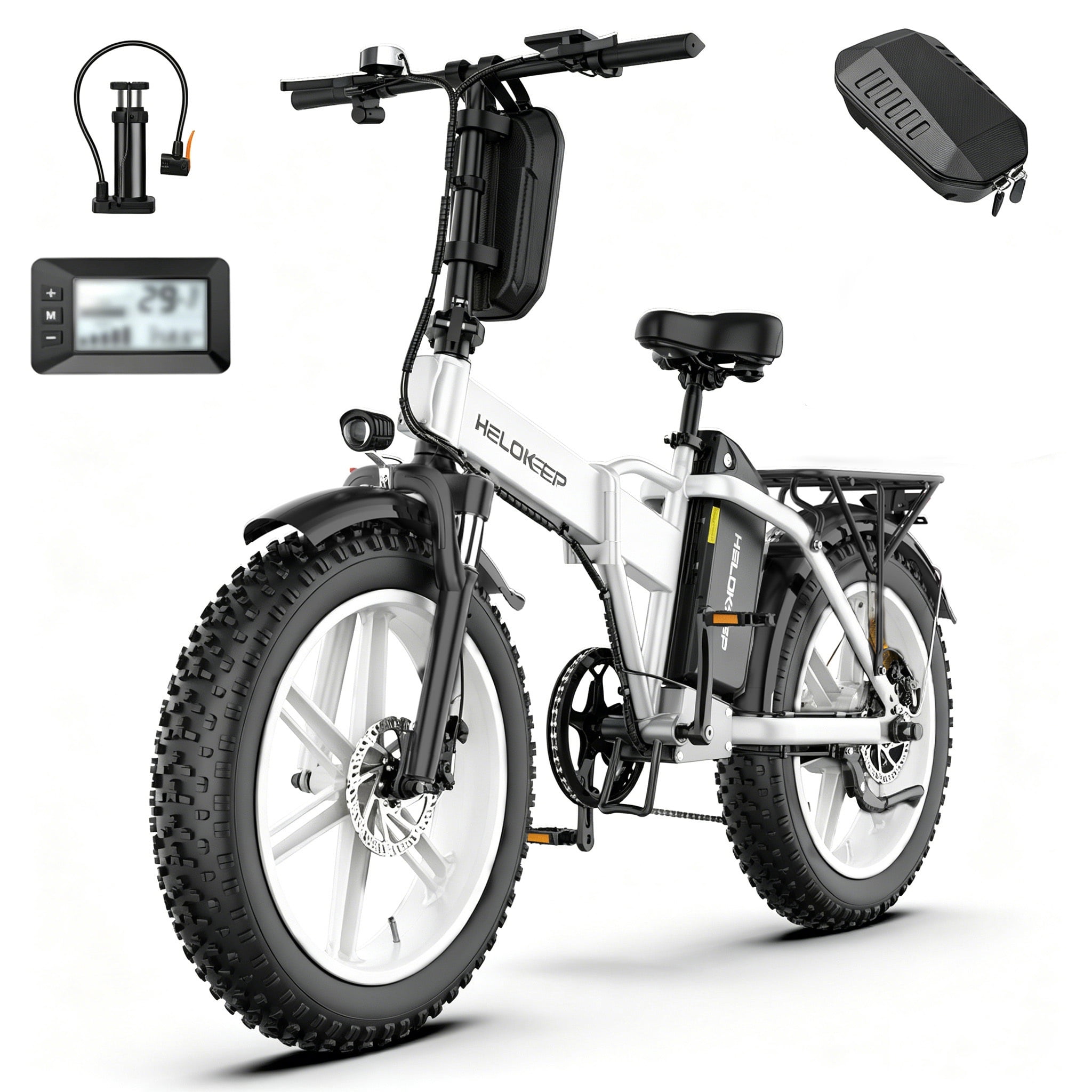 Helokeep CM20-G 20x4 Fat Tire Folding Electric Mountain Bike, Unisex Design, Disc Brakes, 750W/1500W, 48V 25Ah, 7-Speed, UL 2849 Certified, White