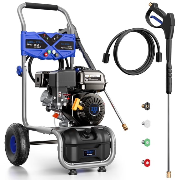 Efurden 3500PSI Gas Pressure Washer, 212CC Engine 2.3GPM High Power Cleaner, 4 Adjustable Nozzles for Wall Terrace Vehicle Garden Cleaning, Blue