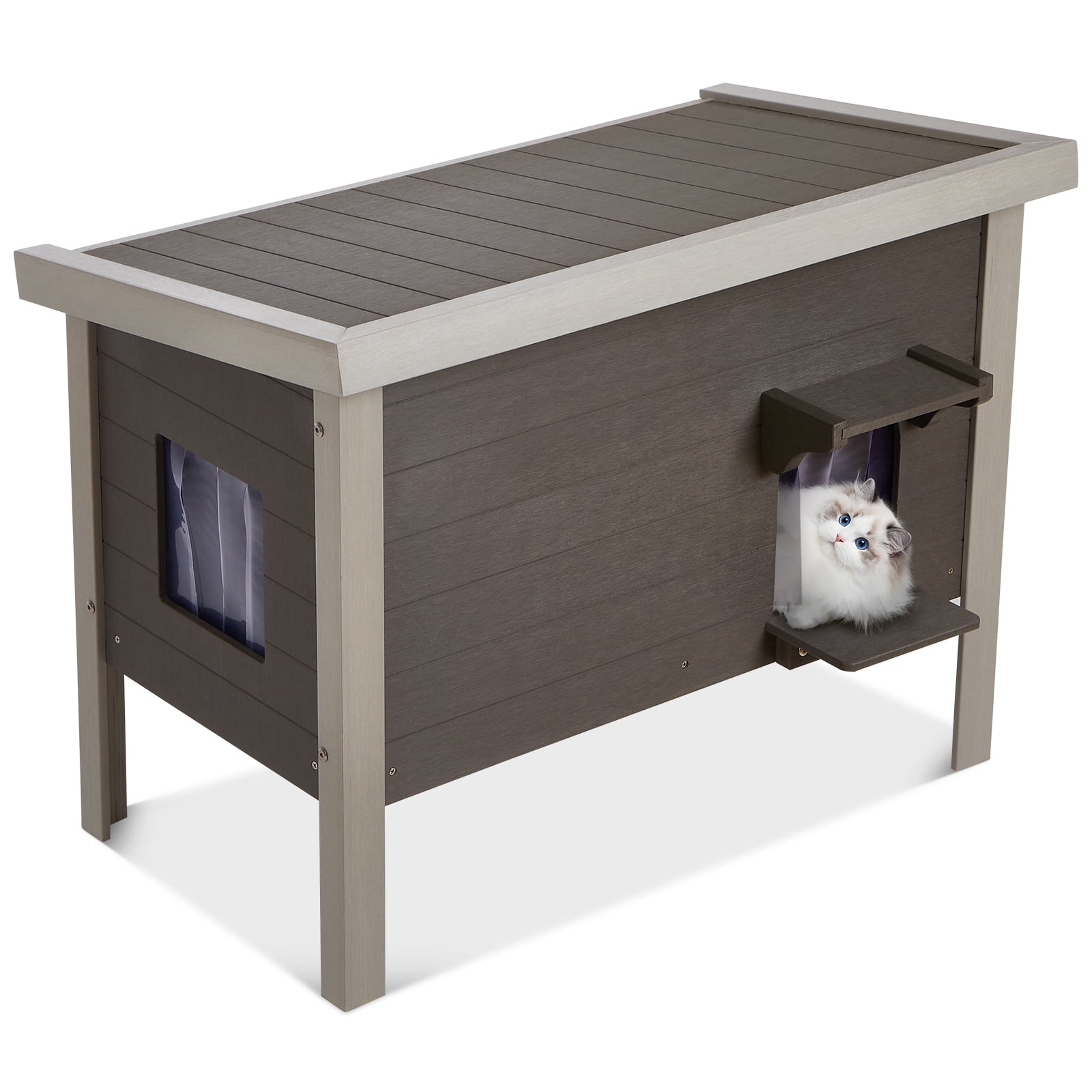 Efurden Outdoor Large Cat House with Escape Door PS Material Weatherproof Cat House for Outdoor Cats Elevated Feral Cat Shelter with Openable Roof
