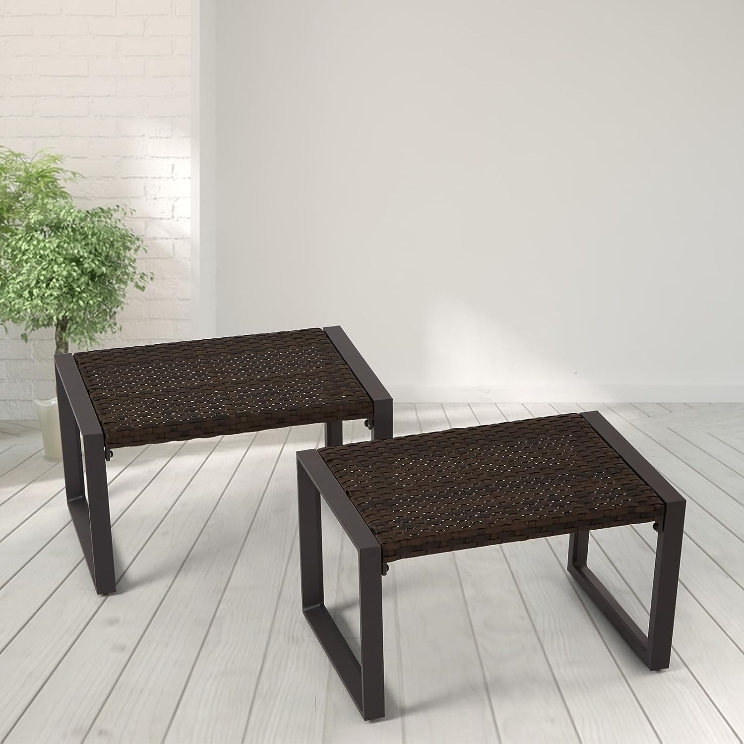 Efurden Outdoor Patio Footstools, Wicker Outdoor Furniture Set of 2 Outdoor Ottomans for
