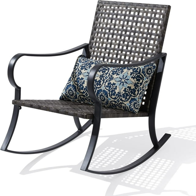 Efurden Outdoor Rocking Chair with Pillow Cushion, Weather Resistant Metal Steel Frame Rattan
