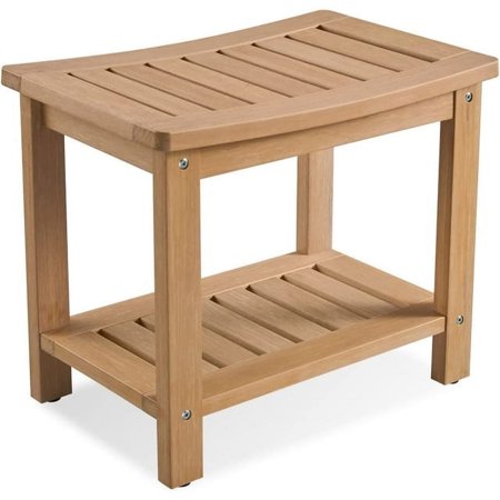 Efurden Shower Bench, Poly Lumber Shower Stool with Storage Shelf, Water Resistant & Non-Slip Design Shower Seat for Bathroom, Living Room, Bedroom (Teak Color)