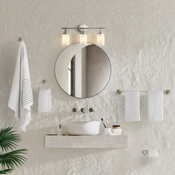 JONATHAN Y Egan 23.25" 3-Light Classic Cottage Vanity Light with Frosted Glass Shades and Bathroom Hardware Accessory Set, Brushed Nickel (5-Piece)
