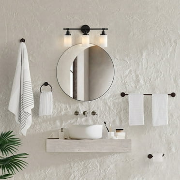 Egan 23.25" 3-Light Classic Cottage Vanity Light with Frosted Glass Shades and Bathroom Hardware Accessory Set, Oil Rubbed Bronze (5-Piece)